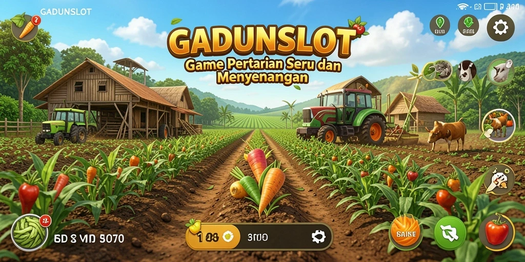 Tampilan gameplay GADUNSLOT menunjukkan aktivitas bercocok tanam yang seru.