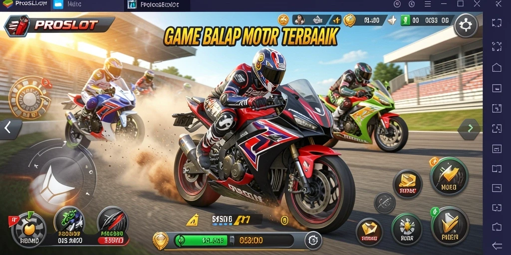 Tampilan gameplay menegangkan di PROSLOT dengan balapan motor yang cepat.