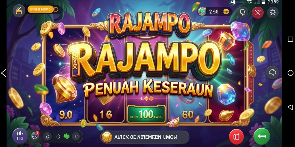 Tampilan gameplay RAJAMPO dengan simbol dan animasi menarik.